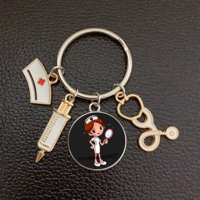 Creative Doctor Keychain Unique Personality Syringe Stethoscope Pendant Keychain Cartoon Colorful Handbag Pendant Keychain Doctor Injection Stethoscope Picture Keychain Round Dome Pendant Women Alloy Keychain
