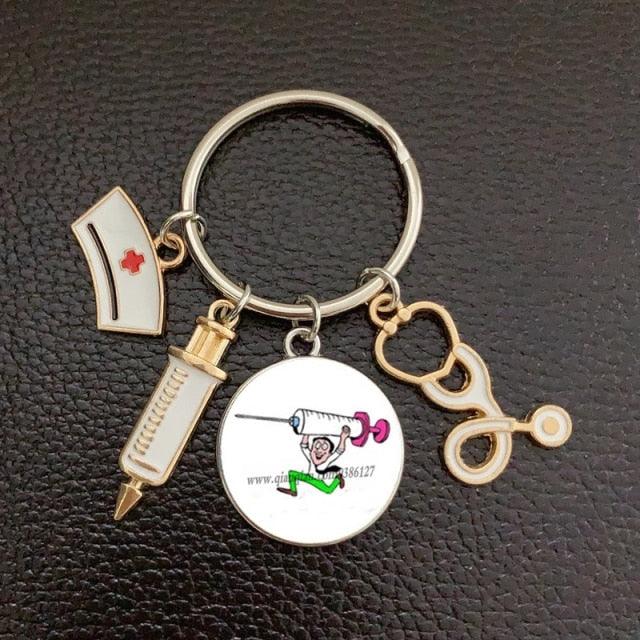 Creative Doctor Keychain Unique Personality Syringe Stethoscope Pendant Keychain Cartoon Colorful Handbag Pendant Keychain Doctor Injection Stethoscope Picture Keychain Round Dome Pendant Women Alloy Keychain