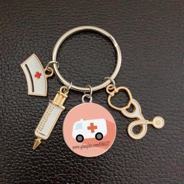 Creative Doctor Keychain Unique Personality Syringe Stethoscope Pendant Keychain Cartoon Colorful Handbag Pendant Keychain Doctor Injection Stethoscope Picture Keychain Round Dome Pendant Women Alloy Keychain