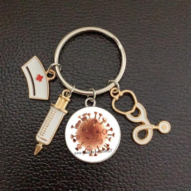 Creative Doctor Keychain Unique Personality Syringe Stethoscope Pendant Keychain Cartoon Colorful Handbag Pendant Keychain Doctor Injection Stethoscope Picture Keychain Round Dome Pendant Women Alloy Keychain