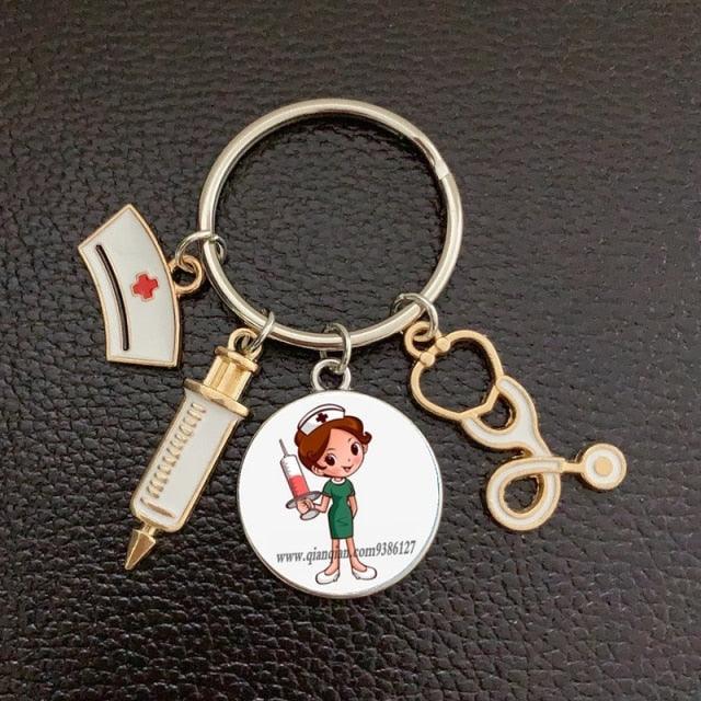 Creative Doctor Keychain Unique Personality Syringe Stethoscope Pendant Keychain Cartoon Colorful Handbag Pendant Keychain Doctor Injection Stethoscope Picture Keychain Round Dome Pendant Women Alloy Keychain