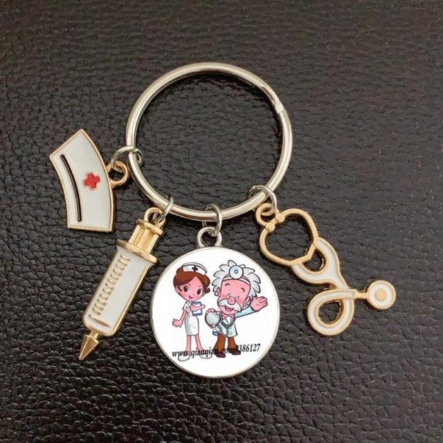 Creative Doctor Keychain Unique Personality Syringe Stethoscope Pendant Keychain Cartoon Colorful Handbag Pendant Keychain Doctor Injection Stethoscope Picture Keychain Round Dome Pendant Women Alloy Keychain