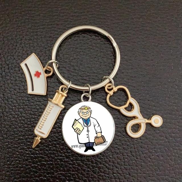 Creative Doctor Keychain Unique Personality Syringe Stethoscope Pendant Keychain Cartoon Colorful Handbag Pendant Keychain Doctor Injection Stethoscope Picture Keychain Round Dome Pendant Women Alloy Keychain