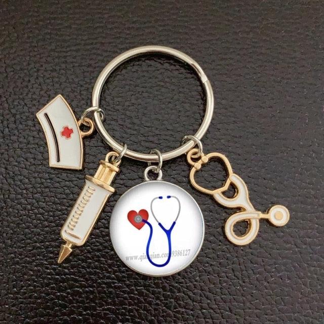 Creative Doctor Keychain Unique Personality Syringe Stethoscope Pendant Keychain Cartoon Colorful Handbag Pendant Keychain Doctor Injection Stethoscope Picture Keychain Round Dome Pendant Women Alloy Keychain