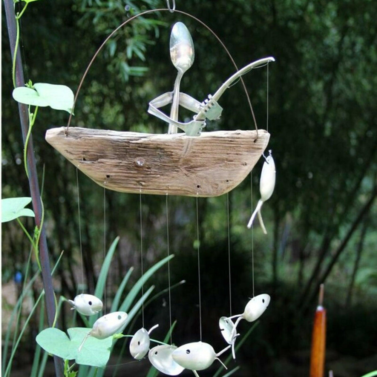 Creative Fishing Man Spoon Fish Sculptures Wind Chime Home Bedroom Painted Fish Mobile Tropical Fish Home Decor  Yard Garden Hanging Ornament Decoration