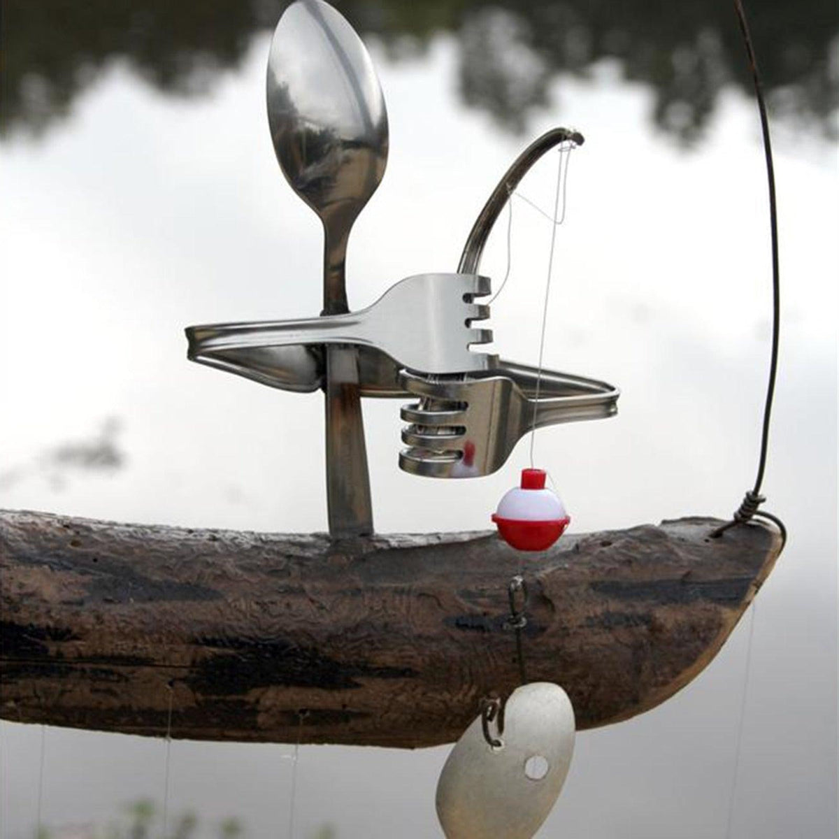 Creative Fishing Man Spoon Fish Sculptures Wind Chime Home Bedroom Painted Fish Mobile Tropical Fish Home Decor  Yard Garden Hanging Ornament Decoration