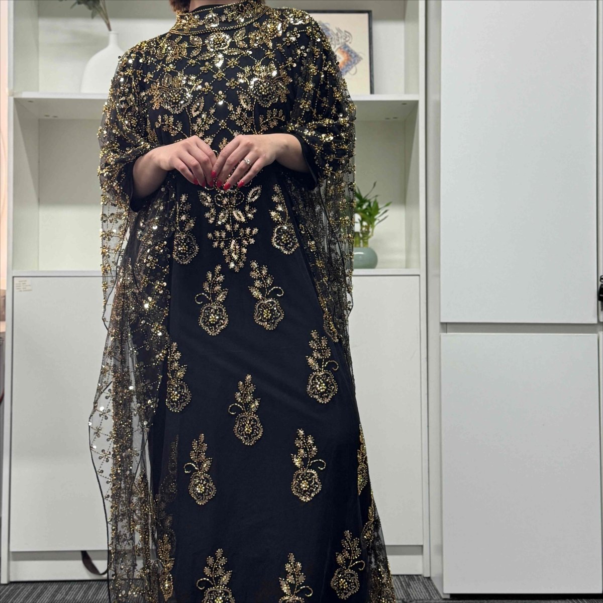 Crystal Beaded Cape Overlay Abaya Set (MA427)