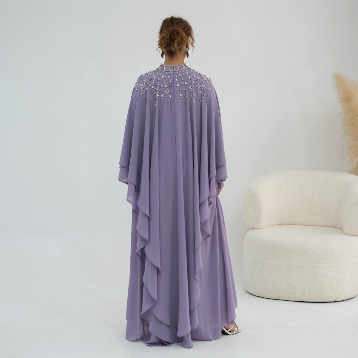Crystal Embellished Cape Sleeve Chiffon Maxi Dress Set(MS461)