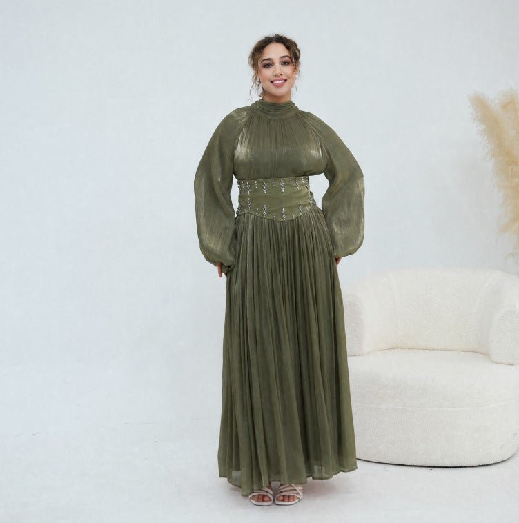 Crystal-Embellished Wide Belt Puff-Sleeve Maxi Dress(MS477)