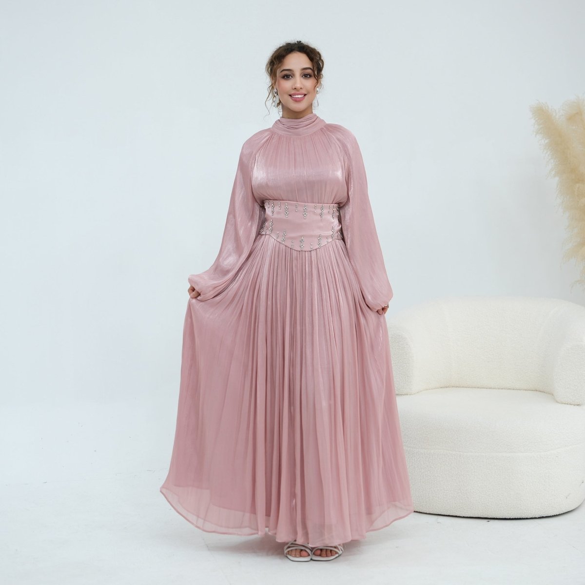 Crystal-Embellished Wide Belt Puff-Sleeve Maxi Dress(MS477)