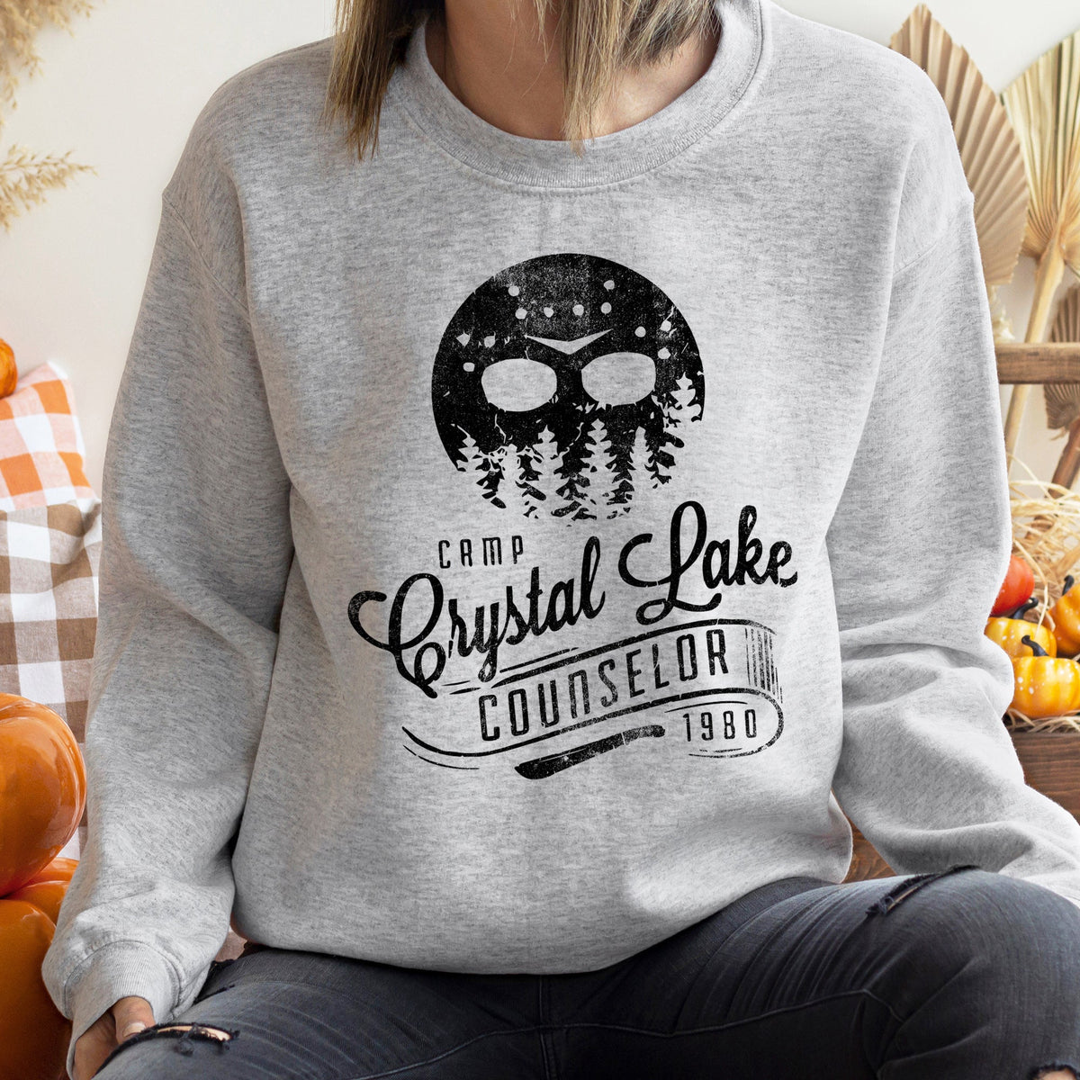 Crystal Lake Halloween Night Scene Haunted Campfire Moonlit Forest Graphic Sweatshirt