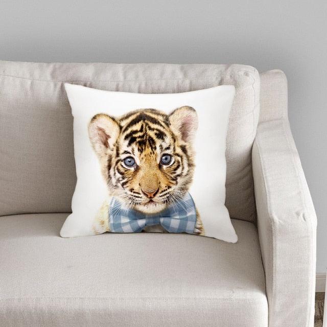 Cute Baby Animals Pattern Pillow Case Cotton Linen Cushion Cover for Home Sofa Pillow Covers, Cushion Covers Tiger Bunny Rabbit Horse Sheep Bear With Head Flowers Decorative Velvet Pillow Covers 45X45CM