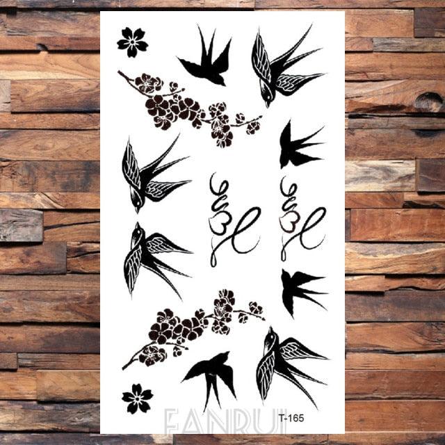 Cute Black Birds Temporary Waterproof Stickers Tattoo Flower Body Elegant Bird Butterfly Style For Womens