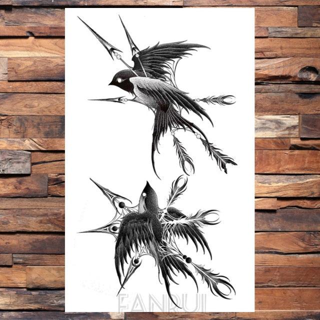 Cute Black Birds Temporary Waterproof Stickers Tattoo Flower Body Elegant Bird Butterfly Style For Womens