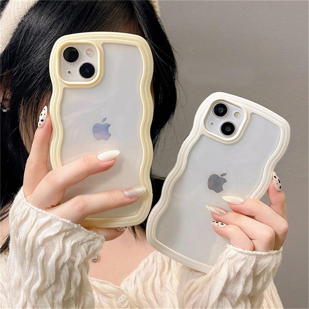 Cute Transparent Curly Wave Phone Case For iPhone 14Pro 13 12 11 Pro Max X XR XS Max Candy Color Shockproof Clear Hard  Cover Shockproof Popular Wavy Stylish Phone Case