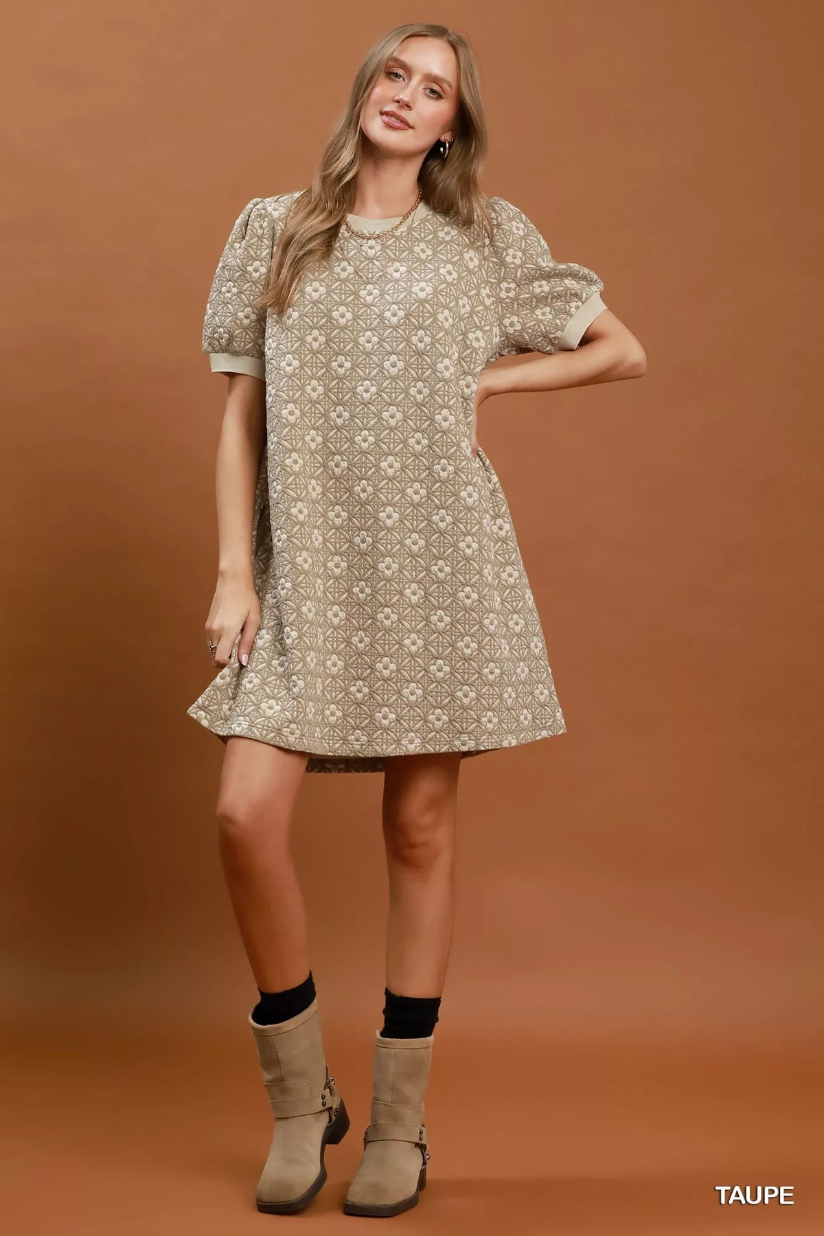 Umgee Floral Textured Puff Sleeve Mini Dress