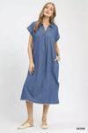 Umgee Stone Washed Collared Denim Midi Dress