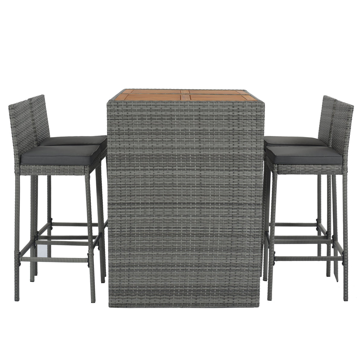 5-piece Outdoor Patio Wicker Bar Set, Bar Height Chairs With Non-Slip Feet And Fixed Rope, Removable Cushion, Acacia Wood Table Top, Brown Wood And Gray Wicker
