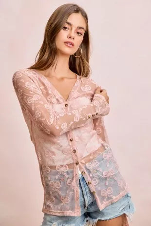 BiBi Bow Pattern Shrried V-neck Mesh Cardigan Top