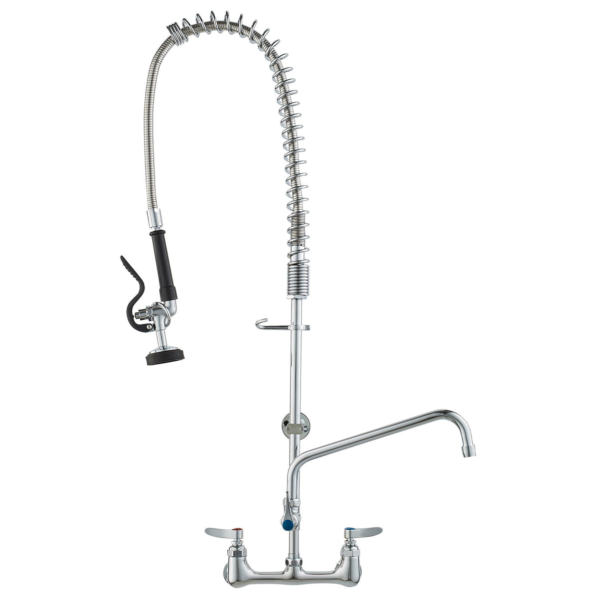 Commercial Faucet with Pre-Rinse Sprayer, 36' Height, 8' Center, 12' Swing Spout, Wall Mount Kitchen Sink Faucet, Brass Constructed Device with Pull Down Spray, for 1/2/3 Compartment Sink