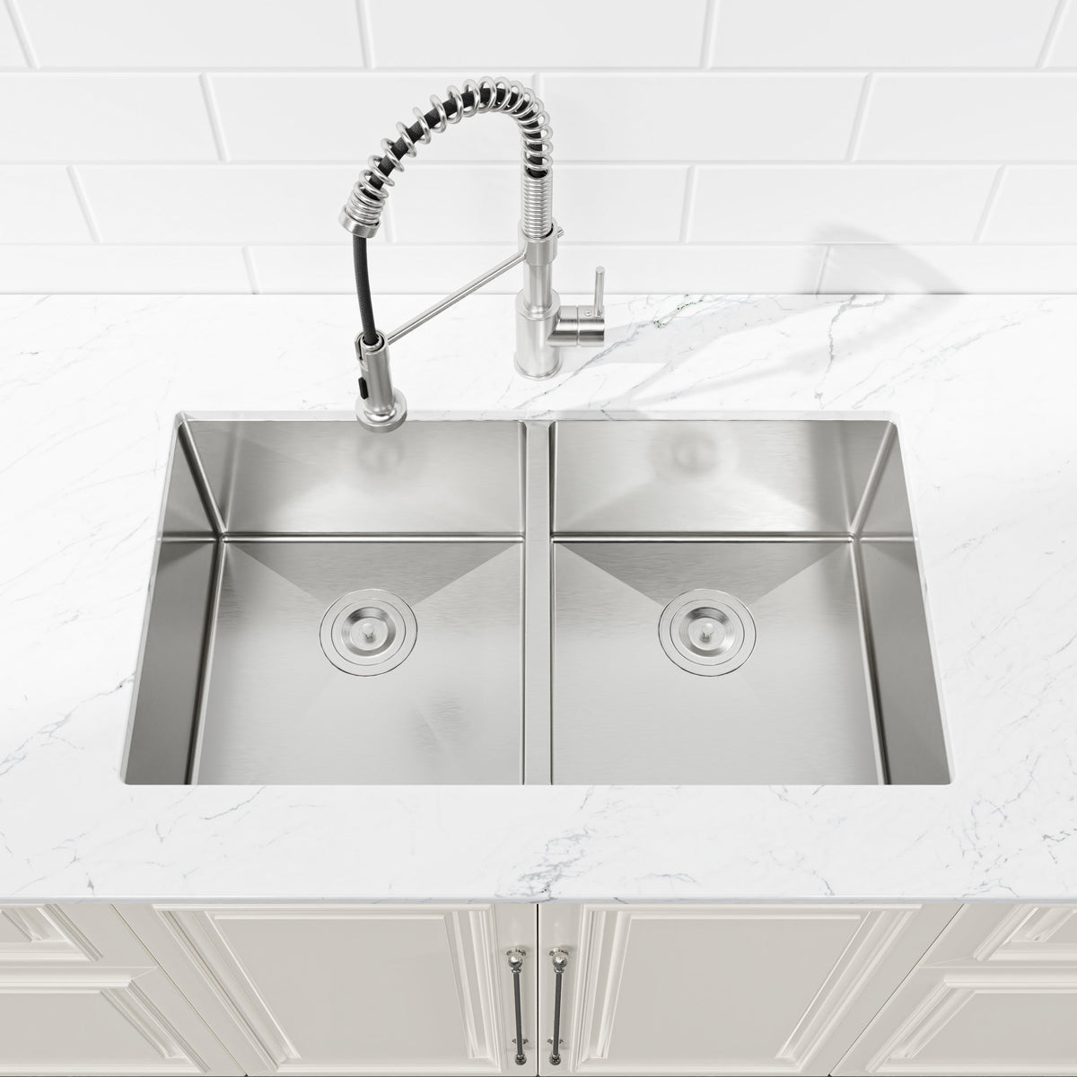 33'x19' Embedded Double Bowl Kitchen Sink, Undermount Handmade Sink in Brushed (Sink only)