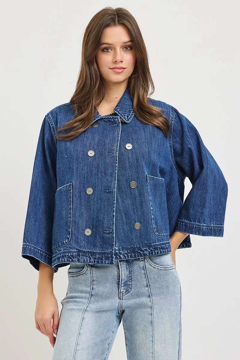 RISEN Double-Breasted Flowy Cropped Denim Jacket