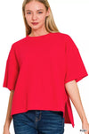 Zenana Full Size Double Knit Side Slits Hi Low Short Sleeve Top Plus Size