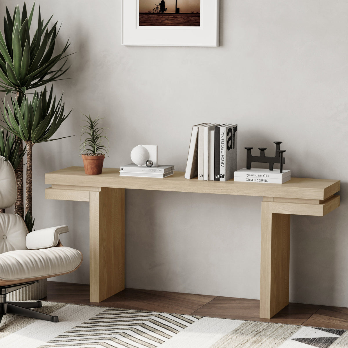 66' Extra Wide Real Wood Veneered Console Table, Minimalist Sofa Table Behind Couch for Entryway, Hallway, Living Room, Home Office, Distressed Oak