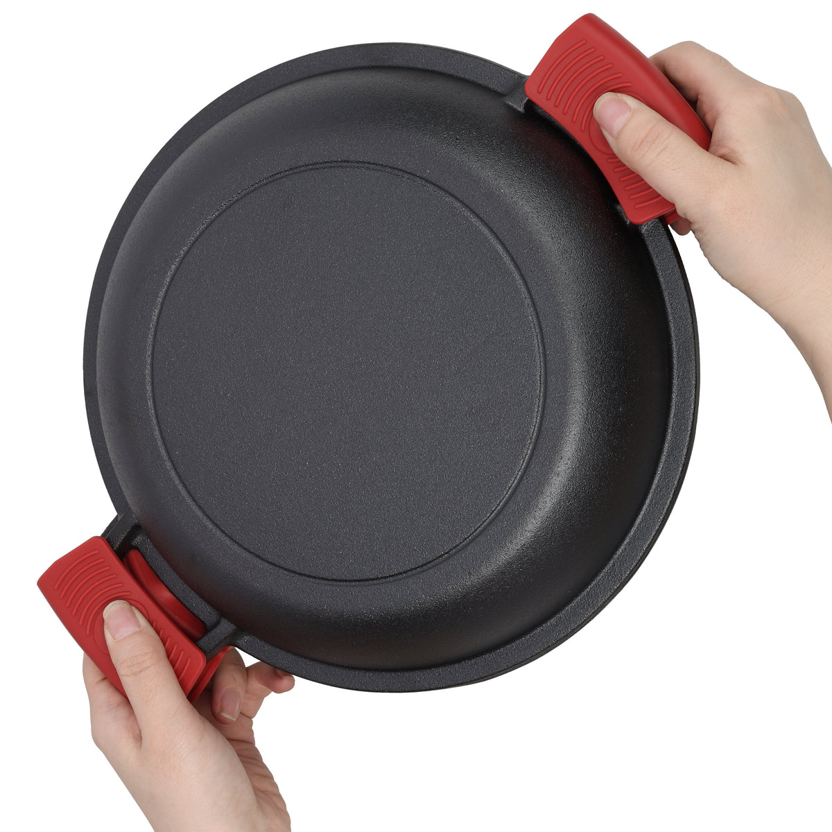 2 in 1 Pre-Seasoned Cast Iron Dutch Oven With Dual Handles, Outdoor Camping Deep Pot for Camping Fireplace Cooking BBQ Baking Campfire, 5 Quart.With 2pcs Silicone Handel Covers.