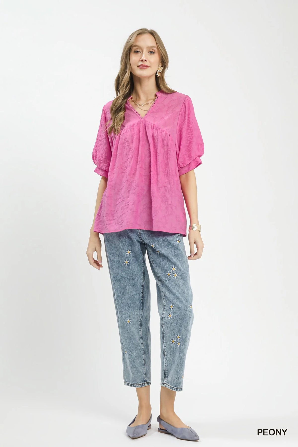 Umgee Textured Lace Trim V-Neck Boho Blouse