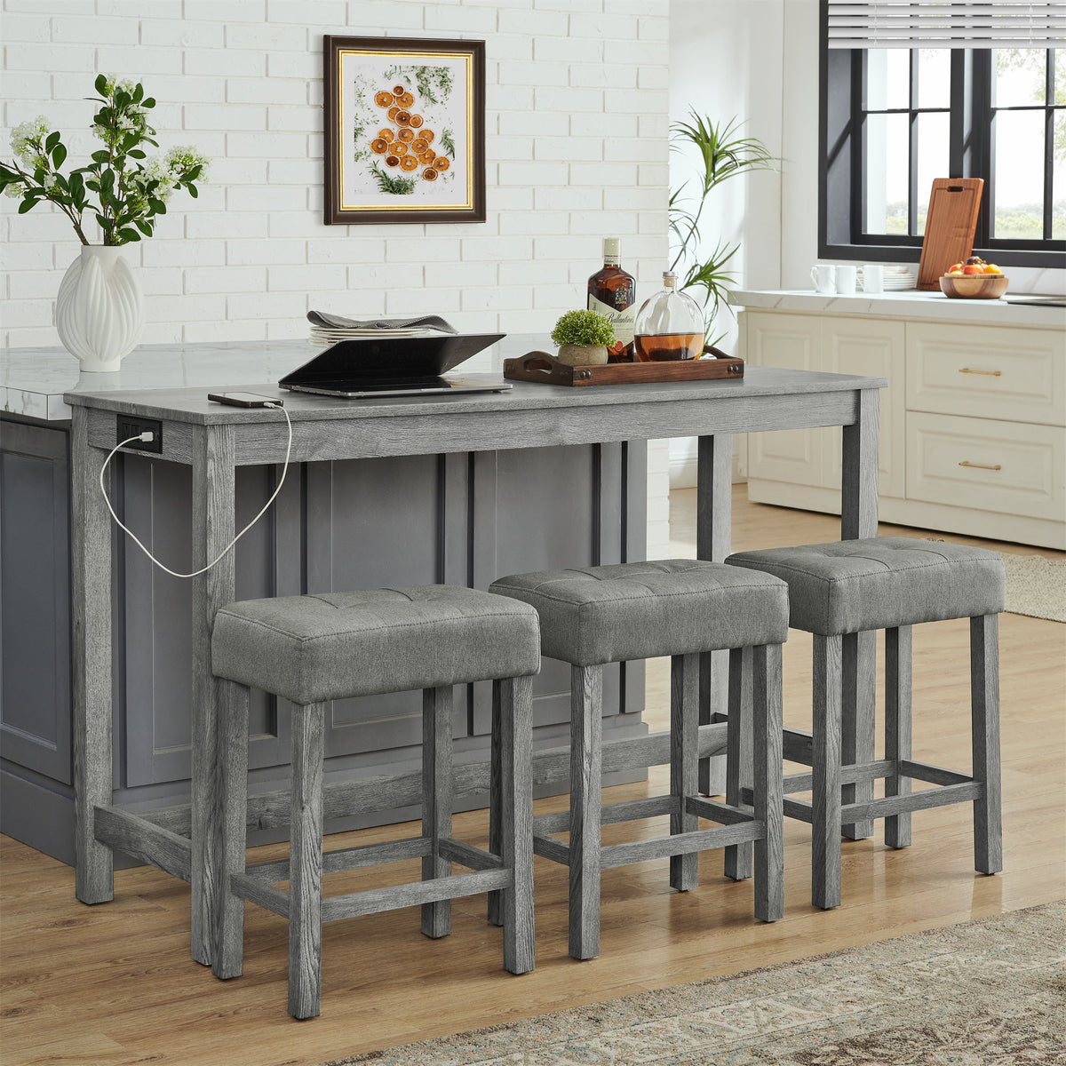 59 Inch Bar Table, Dining Table, Sofa Table with Power Outlet, 3 Upholstered Stools, 4 Piece Bar Table and Chair Set for Living Room, Dining Room, Kitchen