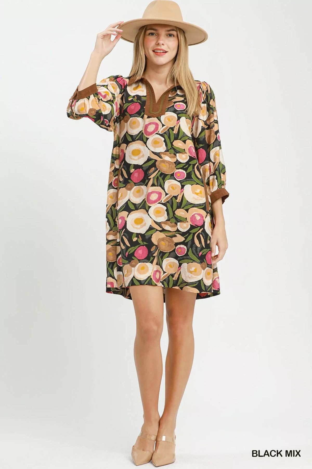 Umgee Mix Floral Contrast Trim Shift Mini Dress