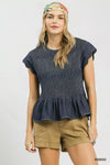 Umgee Smocked Peplum Top with Scalloped Ruffle Cap Sleeves