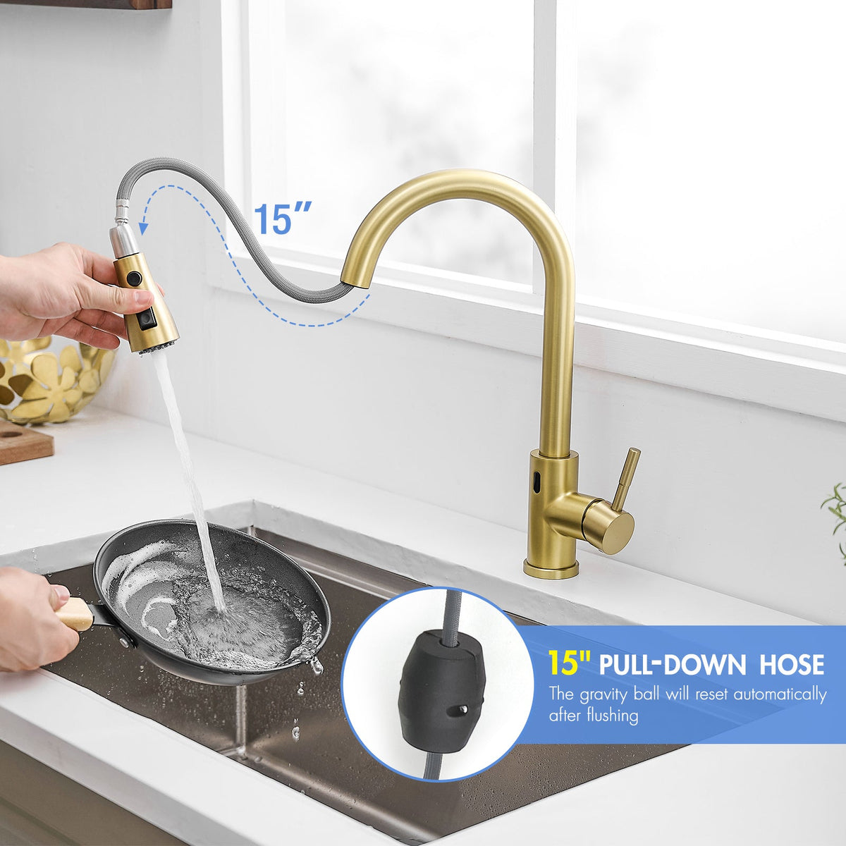 Touchless Kitchen Faucet, Hands Free Automatic Smart Kitchen Faucet, Stainless Steel Touchless Kitchen Faucet Brushed Gold