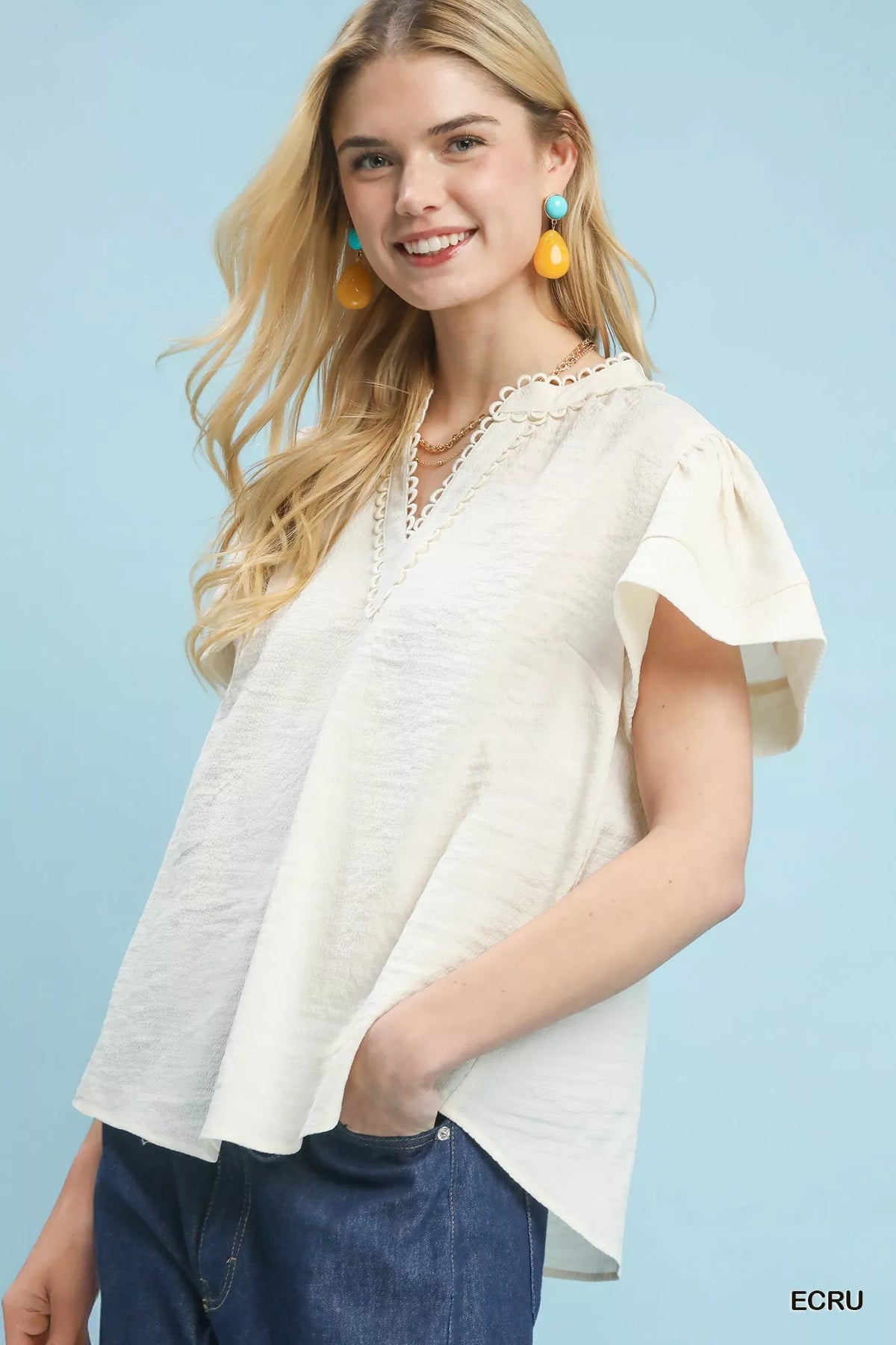 Umgee Seersucker Short Sleeve Top with Lace Trim