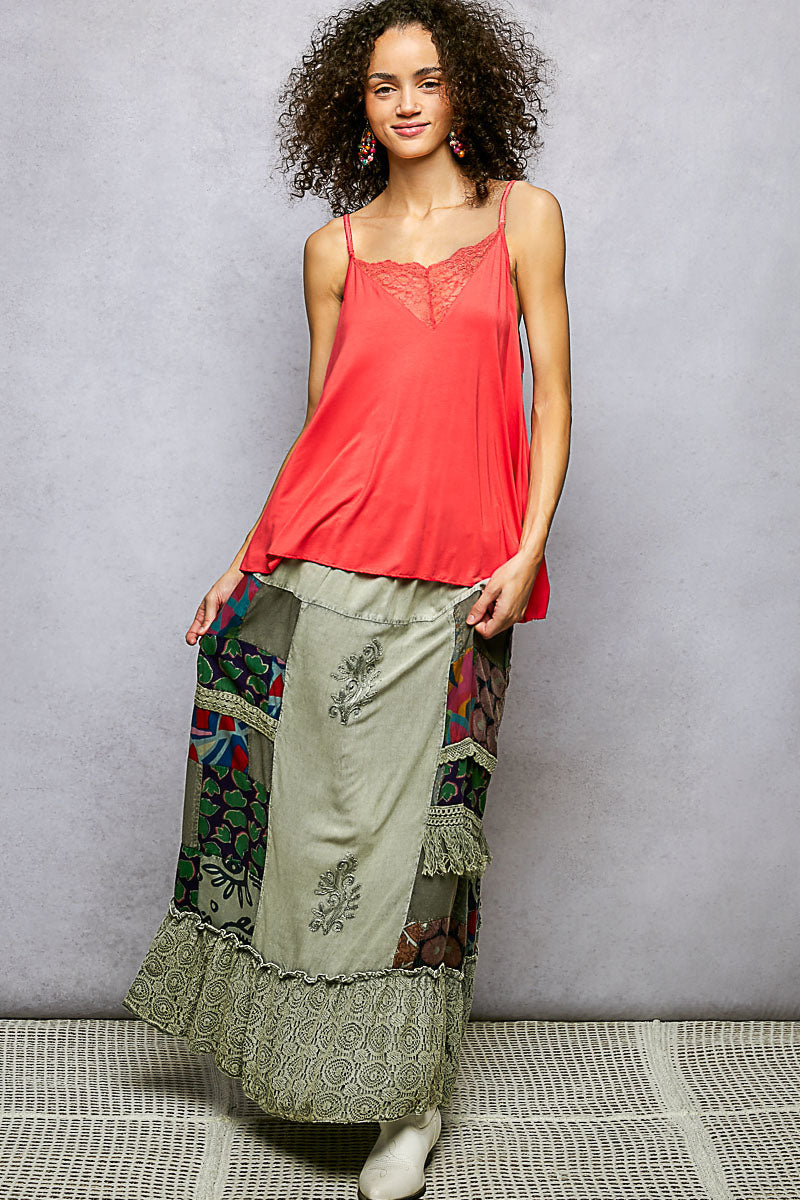 POL Printed Patchwork Embroidered Ruffled Skirt