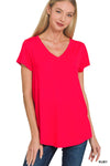 Zenana Rayon Short Sleeve V-neck Round Hem Top