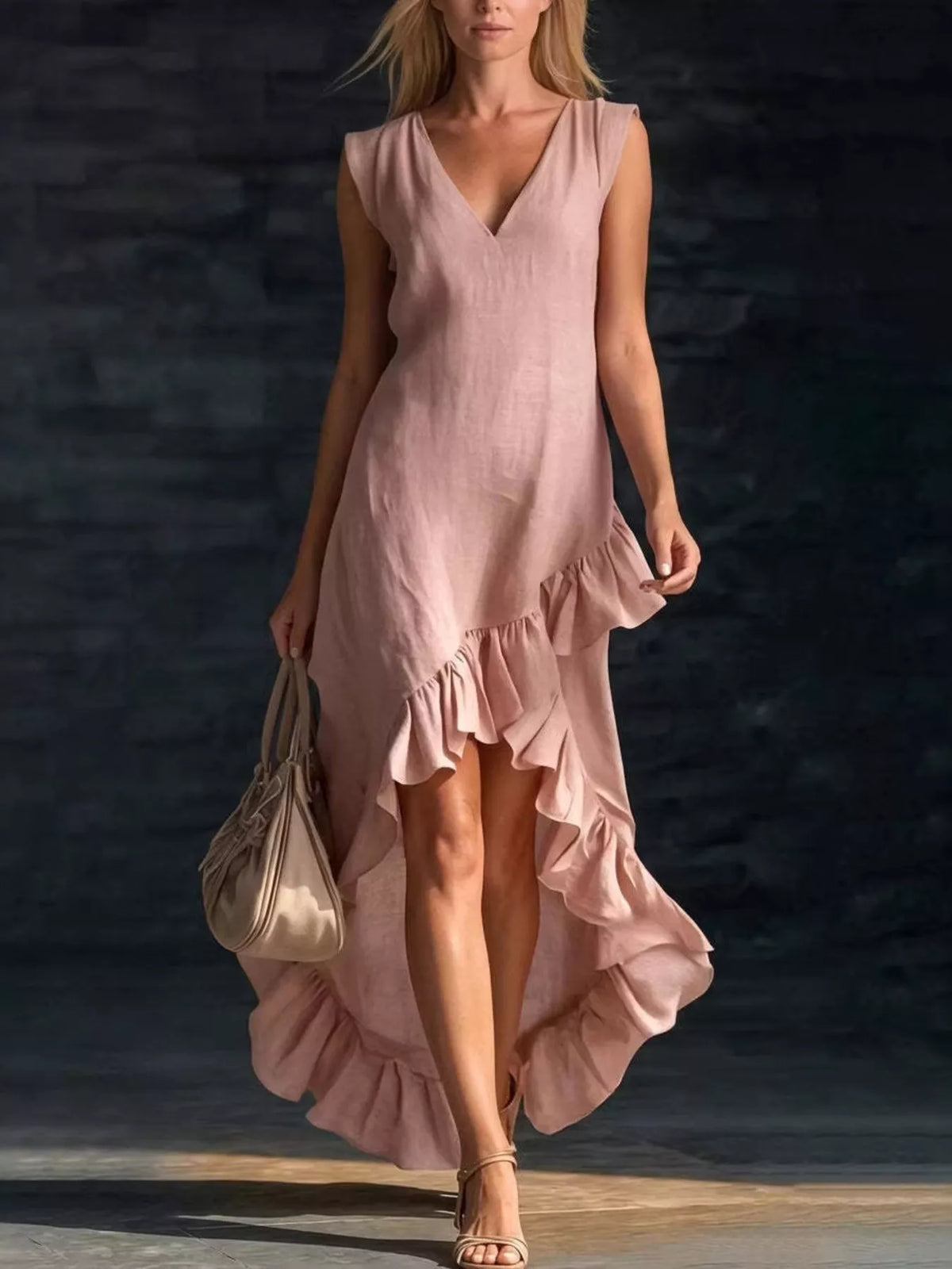 Full Size V-Neck Ruffle Hem High-Low Dress Plus Size