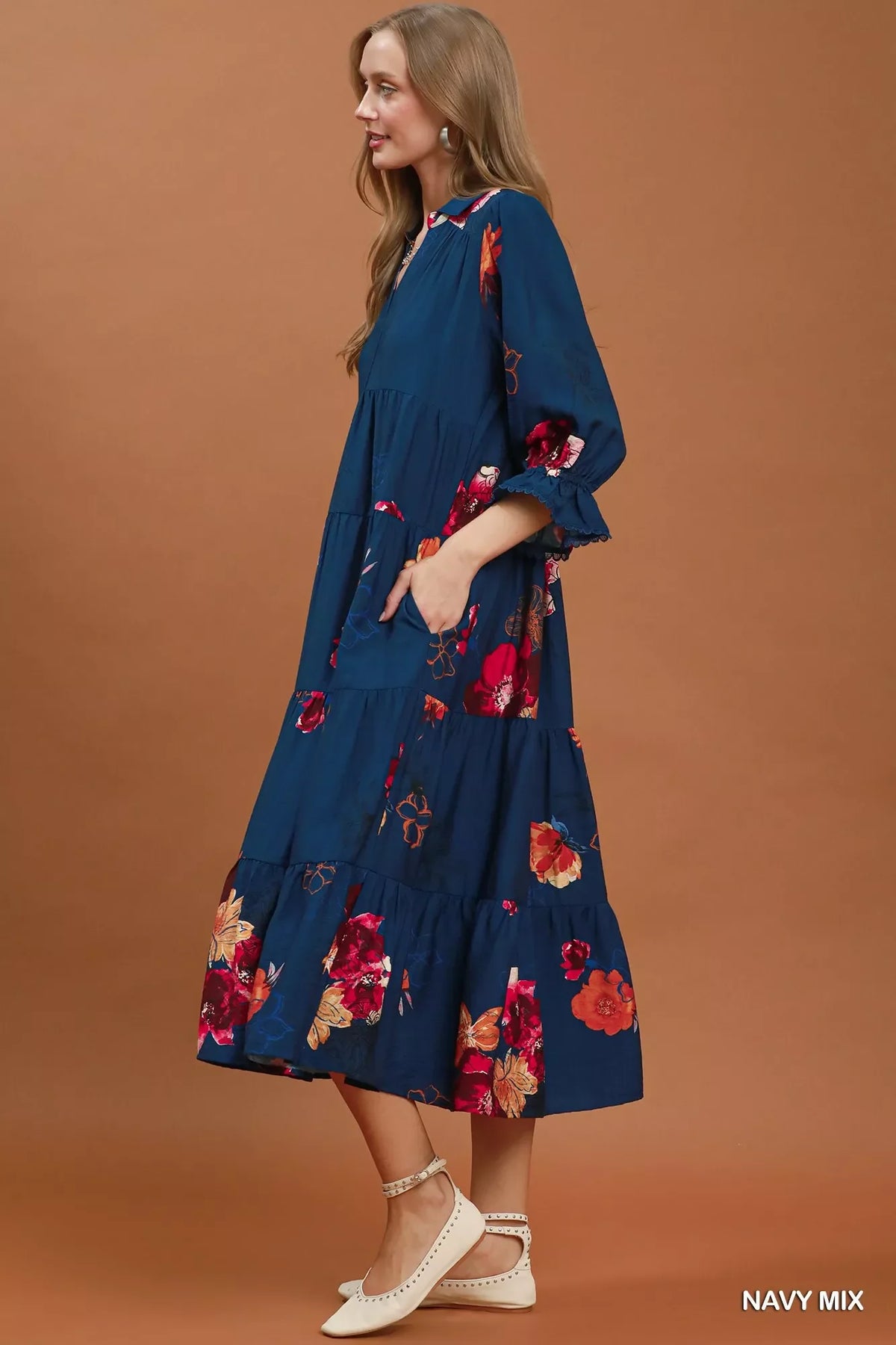 Umgee Floral Print Tiered Midi Dress with Puff Sleeves