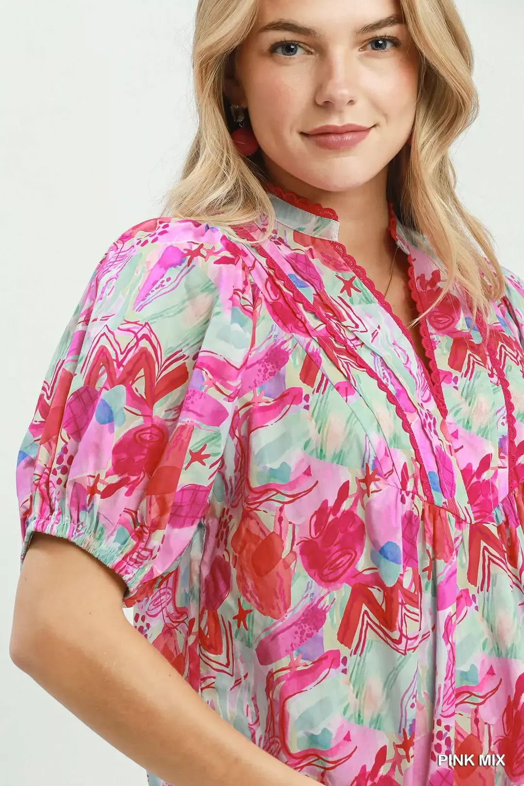 Umgee Abstract Print Puff Sleeve Top