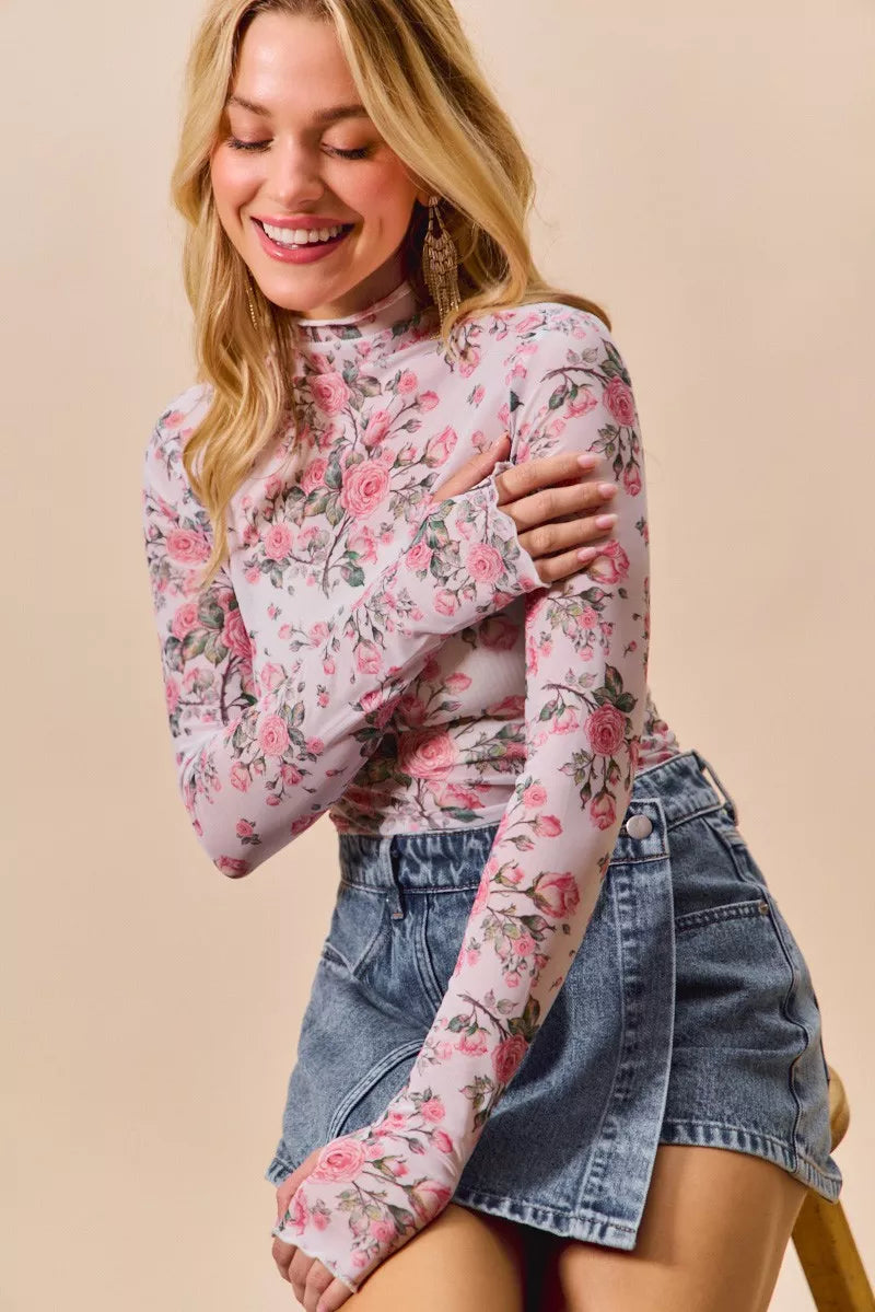 SO ME Floral Rose Print Mesh Sheer Layering Top