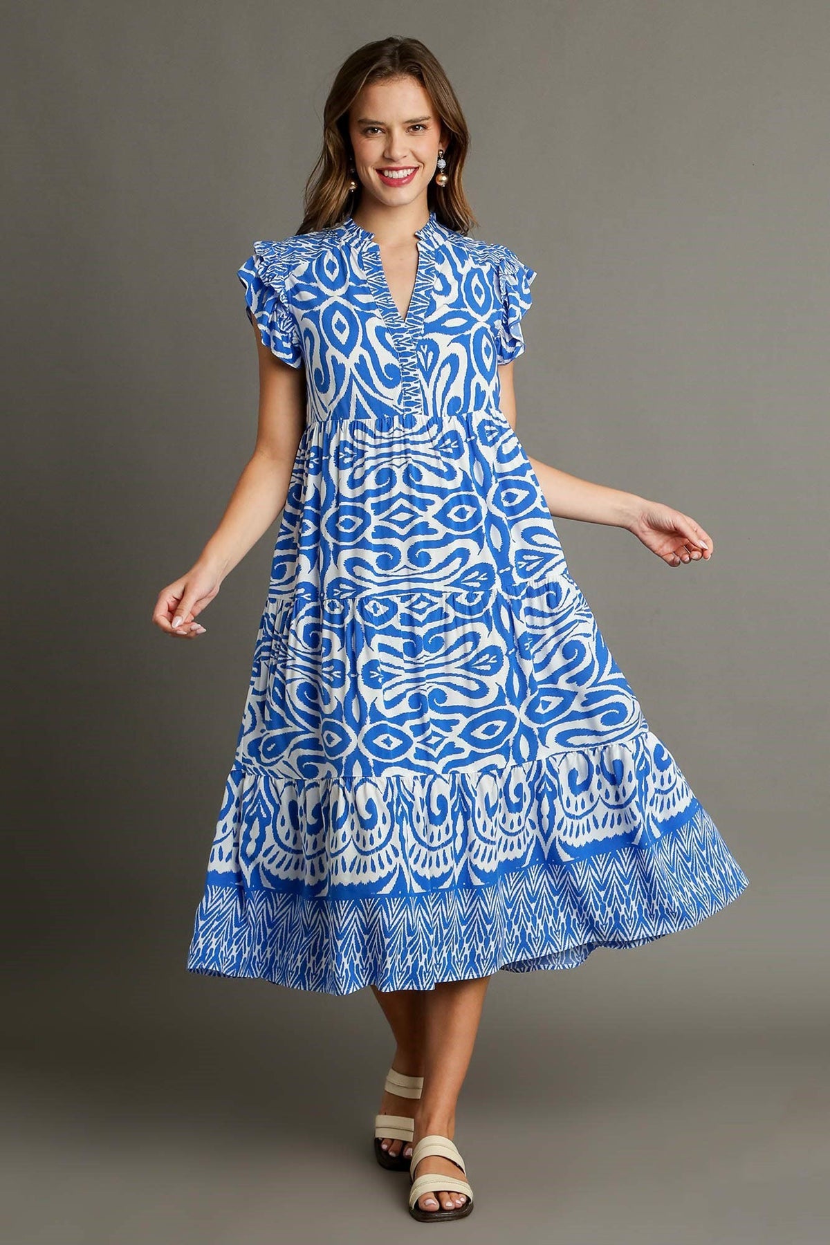 Blue Full Size Two-Tone Print Ruffle Cap Sleeve Midi Dress Plus Size Statement Piece Dress