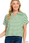 Zenana Striped Split Neck Collared Top