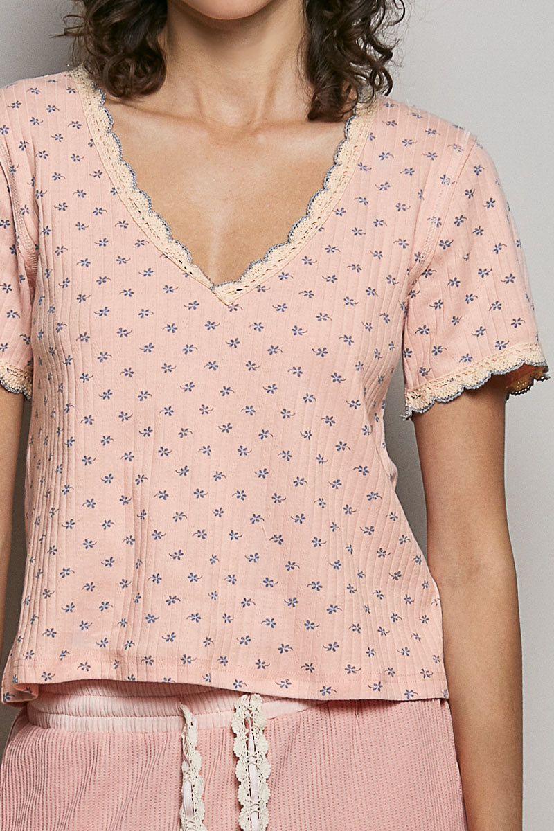 POL Floral V-Neck Short Sleeve Rib T-Shirt
