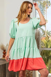 BiBi Two-Tone Balloon Sleeves U Neck Tiered Ruffle Hem Mini Dress