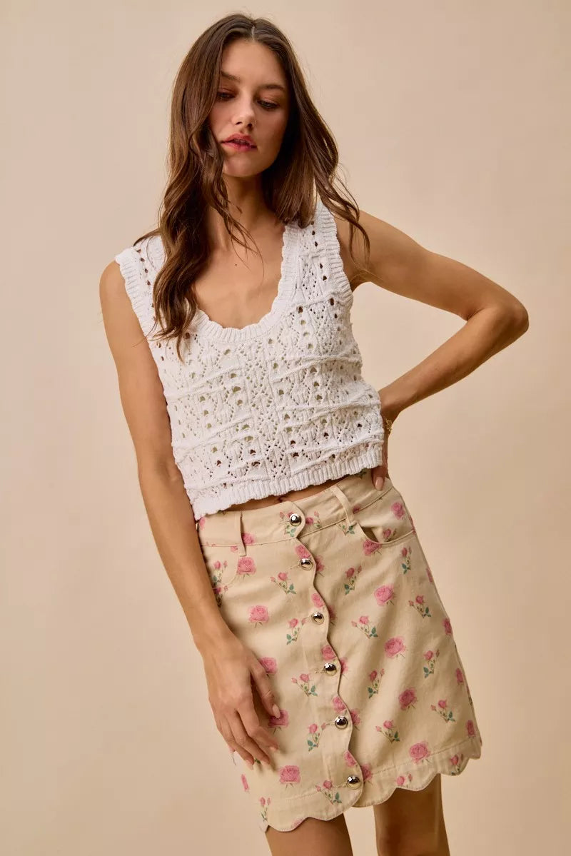 SO ME Floral Rose Print Cotton Twill Scallop Mini Skirt