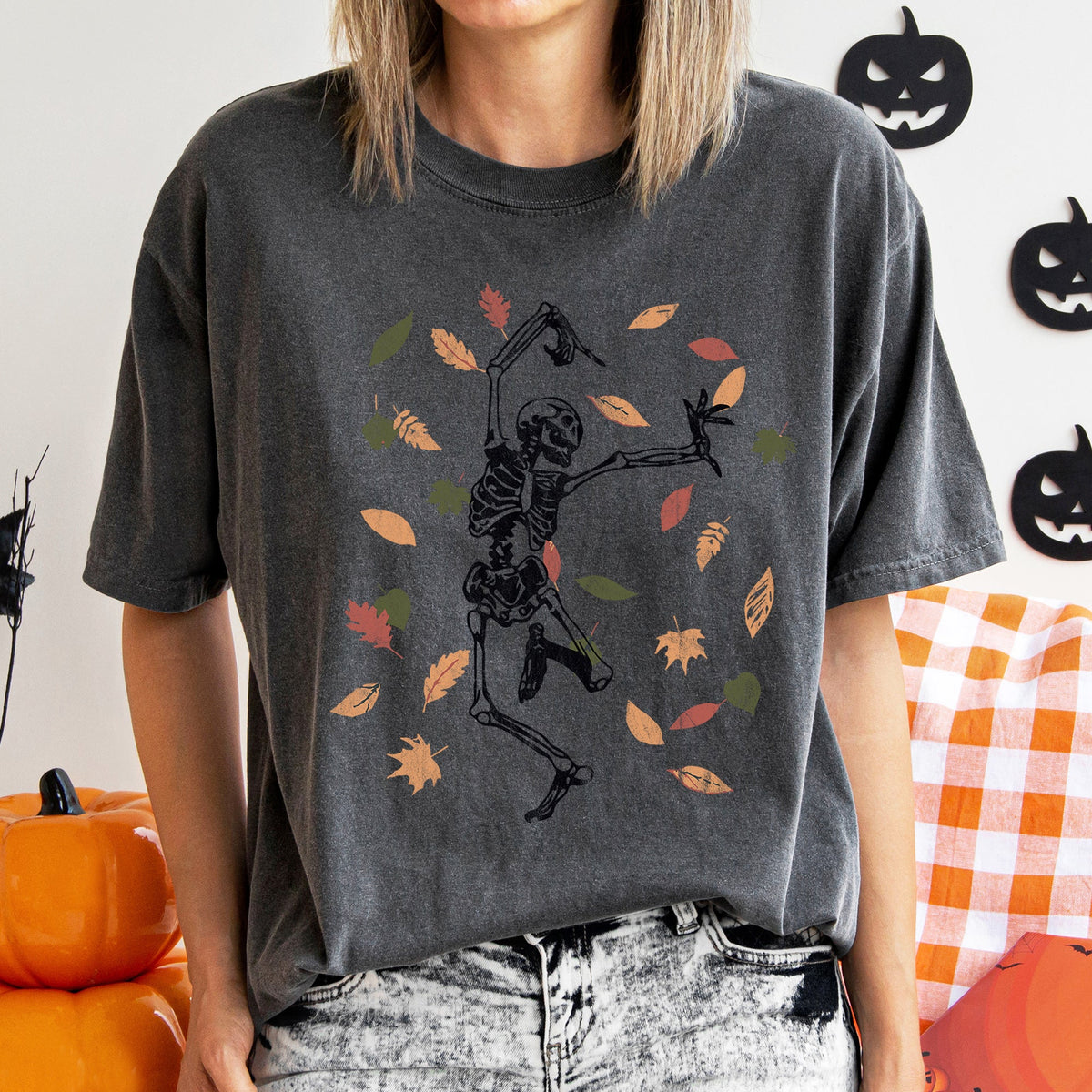 Dancing Skeleton And Leaves Retro Halloween Night Parade Scene Comfort Colors Tee
