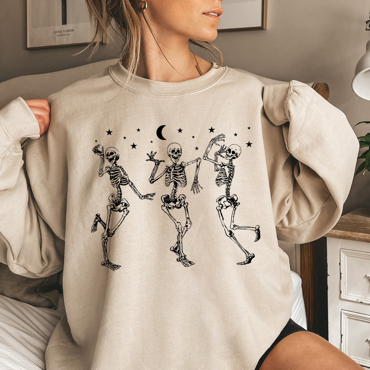 Dancing Skeletons Moonlit Halloween Night Celebration Silhouette Scene Sweatshirt