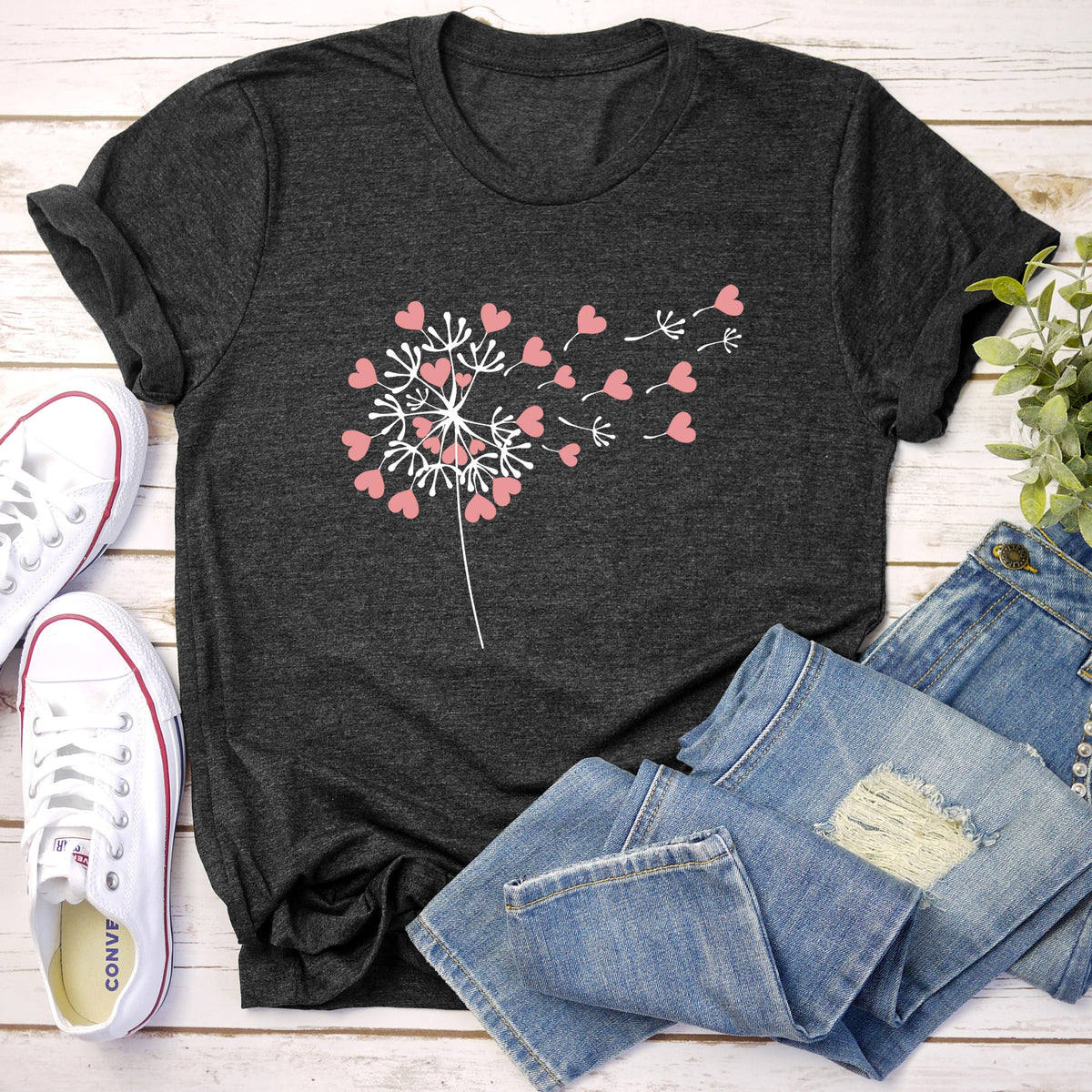 Dandelion Hearts Flower Valentine's Day Love Garden Botanical Illustration Soft Cotton Everyday Wear Graphic Tee