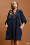 Umgee Corduroy V-Neck Puff Sleeve Shift Dress with Pockets
